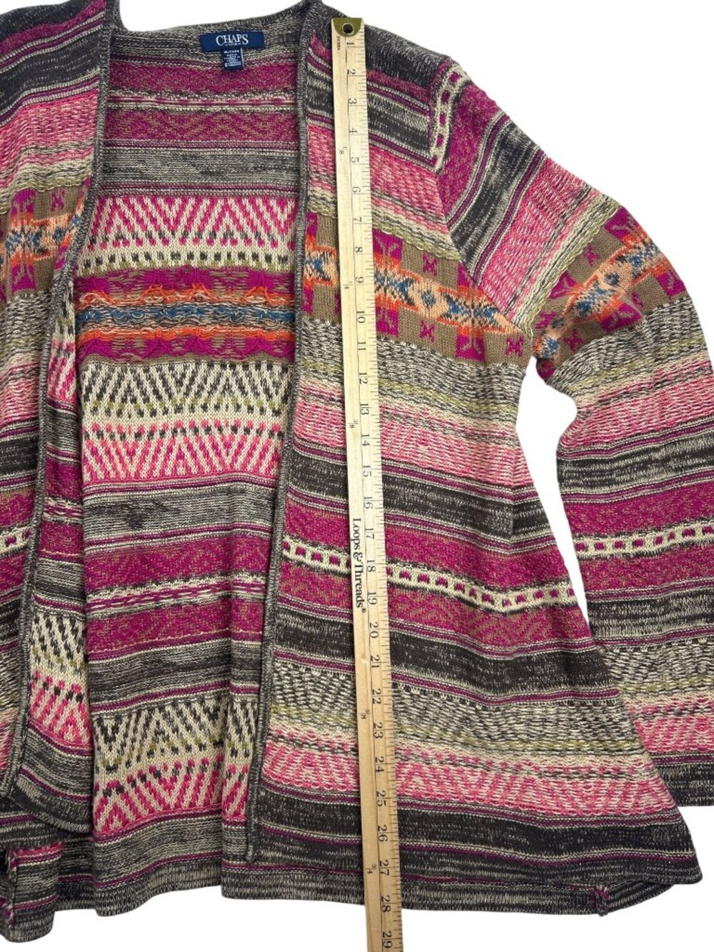 Chaps Multicolor Striped Open-Front Cardigan - Pink, Brown, Cream - Picture 7 of 9